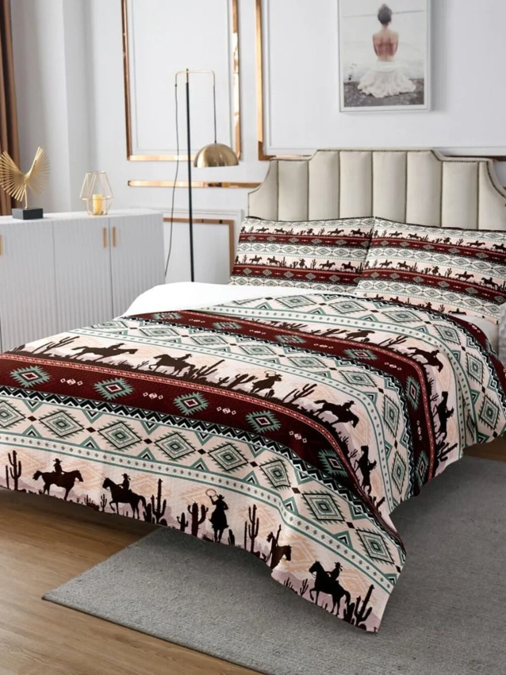 Boho Cowboy Bedding Set King Size Retro Tribal Brown Stripes Bedspread Kids Boys